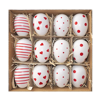 Vajíčka s červeným zdobením 6 cm, 12 ks v krabičce